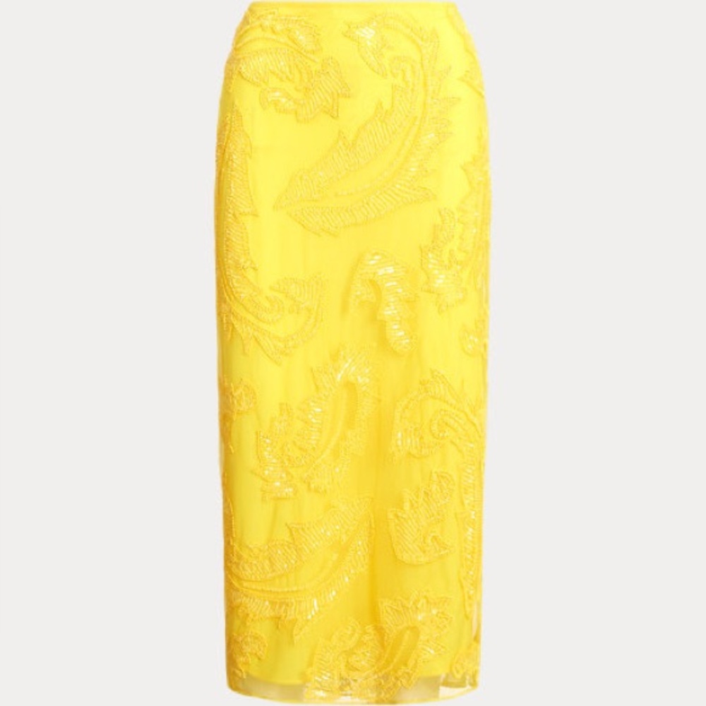 NWT Lauren Ralph Lauren Beaded Mesh Midi Skirt in Lemon Yellow Sz 6 Retail $295 - Picture 5 of 5